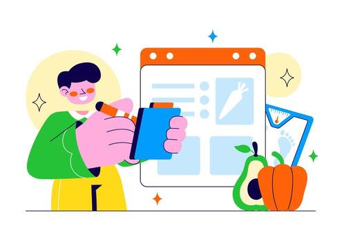 Custom Nutrition Strategy Illustration With Balanced Diet, Meal Schedule, and Calorie Tracker In Modern Flat Design vector
