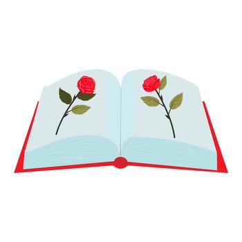 An open book with two bright red roses on its pages. illustration isolated on a white background. vector