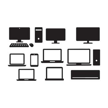 computadora conjunto siluetas diverso colección de escritorio ordenadores, portátiles, y más para tecnología temas eps archivo vector