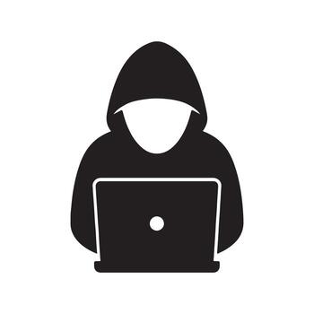 A minimalist digital security threat icon featuring an anonymous person in a hoodie using a laptop, representing a hacker logo and cyber protection challenges vector