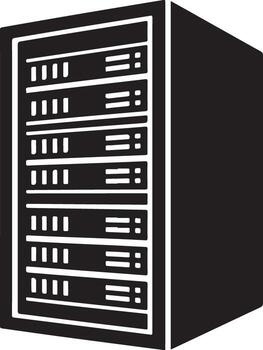 silueta ilustración de un servidor estante lleno con múltiple componentes, representando datos almacenamiento y red infraestructura vector
