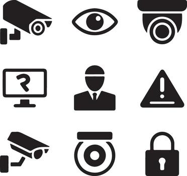A collection of black and white icons representing security, surveillance, monitoring, and protection, including CCTV cameras, alerts, and access control symbols vector
