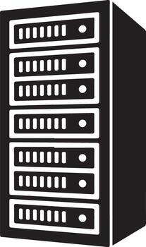 Monochrome silhouette of a computer server rack cabinet, a simple icon representing data center infrastructure and hosting technology vector