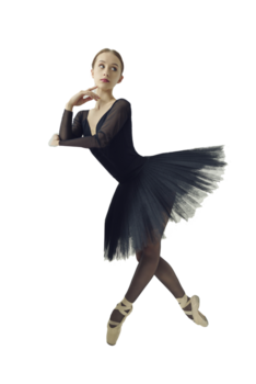 portrait of a ballerina in a black tutu standing at a cube in a photo studio. isolated object on transparent background png