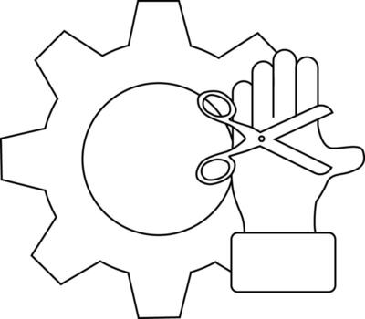 A gear sits behind a hand holding open scissors with a cuff at its wrist vector
