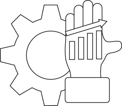 A gear with a hand displaying a rising bar graph and arrow vector