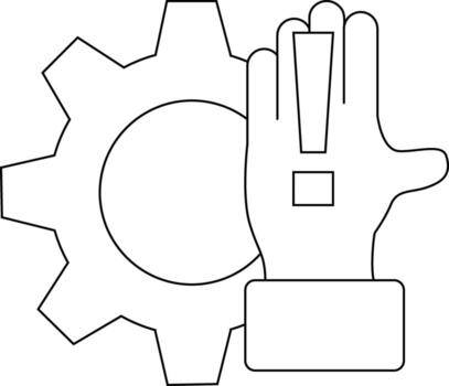 A hand with an exclamation mark is next to a gear icon symbolizing a warning or alert vector
