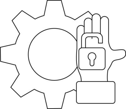 An open padlock held in a hand positioned in front of a gear wheel all rendered in a flat outlined style vector