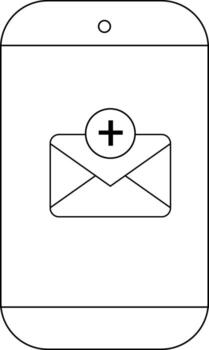 Outline of a smartphone display showing an envelope with a plus sign vector