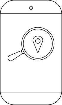 Outline of a smartphone screen showing a magnifying glass over a location pin vector