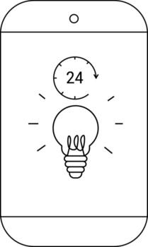 A phone icon displaying a light bulb and a 24 symbol with a curved arrow suggesting 247 availability vector