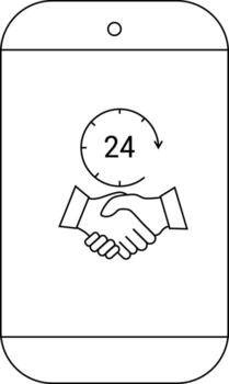 A phone displays an icon of a handshake under a circular arrow with 24 inside vector