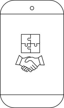 A smartphone display features a jigsaw puzzle and a handshake icon vector