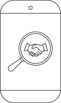 Mobile device displays a handshake icon under a magnifying glass vector