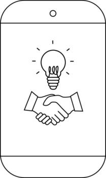 Line art of a smartphone displaying a handshake beneath a lightbulb vector