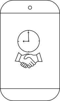 Outline drawing of a smartphone screen displaying a handshake and clock icon vector