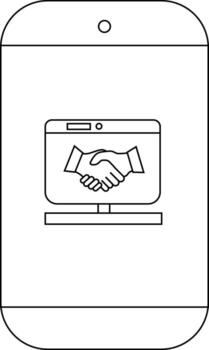 Phone displays a computer screen with handshake graphic in black and white vector