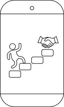 Smartphone showing stick figure climbing steps towards a handshake icon vector