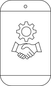The drawing depicts a smartphone display with a gear above a handshake symbol vector