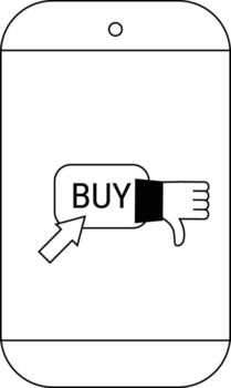 A mobile phone displays a BUY button with a cursor pointing to it obscured by a thumbs down hand gesture vector