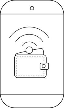 A line drawing of a phone displaying a digital wallet with wifi or NFC signal vector