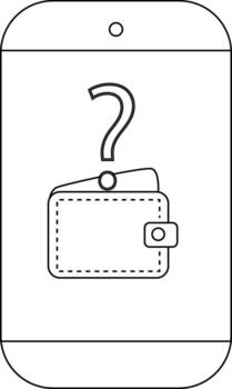 Outlined smartphone displays a wallet under a question mark indicating financial uncertainty vector
