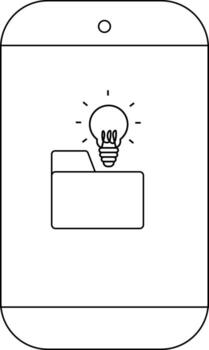 A simple line drawing of a smartphone displaying an illuminated lightbulb emerging from an open file folder vector