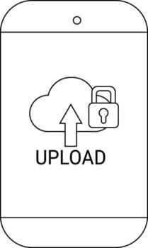 A line drawing of a mobile phone displays a secure cloud upload with an arrow cloud and padlock vector