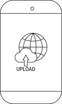 A phone displays an UPLOAD symbol comprised of a globe cloud and up arrow vector