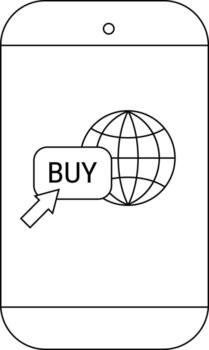 A smartphone displays a buy button with a cursor pointing to it superimposed on a globe icon vector