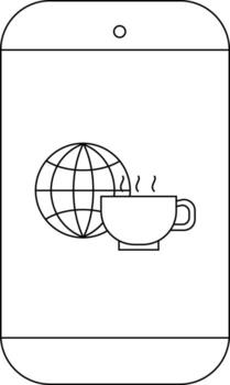 A smartphone displays a globe and a steaming cup symbolizing global networking over coffee vector