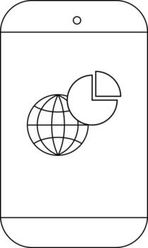 A smartphone displays a globe with gridlines and a pie chart both outlined in black vector