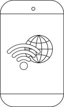 Black and white outline of a smartphone displaying a world globe and wifi icon vector