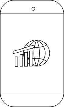 Cellphone outline displays a globe with graph bars and an arrow symbolizing growth vector
