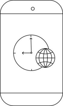 Outline of a smartphone displaying a clock and globe icon on its screen vector