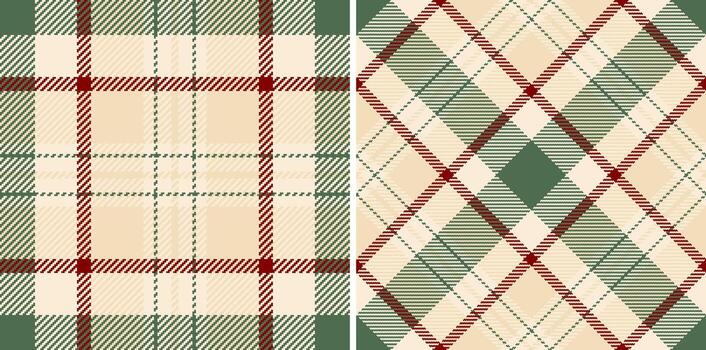 Elegant textile pattern featuring classic tartan. Design elements include intersecting green, red and beige lines creating plaid. Ideal for fashion, backgrounds, gift wrapping. vector