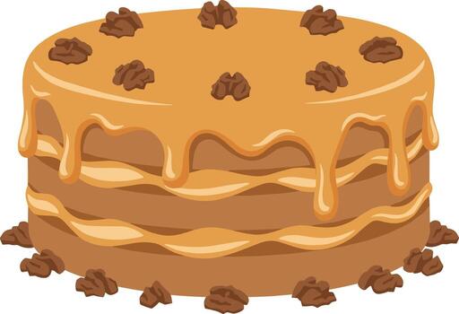 Flat Style Delicious Three Layered Cake with Caramel and Walnut vector