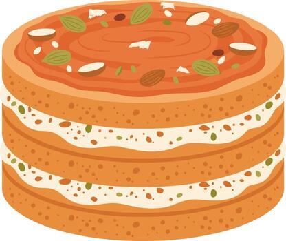 Flat Style Three Layer Delicious Cake with Topping and Cream Dessert vector