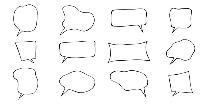 speak doodle cloud Set of hand drawn speech bubble Blank empty message box Textbox frame for banners, price tags, stickers, design vector