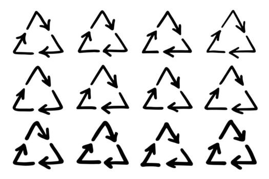 Set of hand drawn recycle arrow icon Recycling resources symbol Reuse of materials, zero waste, green environment, saving the planet pollution pictogram vector