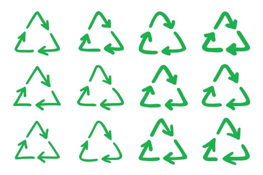 Set of hand drawn recycle arrow icon Recycling resources symbol Reuse of materials, zero waste, green environment, saving the planet pollution conservation vector