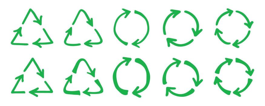 Set of hand drawn recycle arrow icon Recycling resources symbol Reuse of materials, zero waste, green environment, saving the planet pollution ecological vector