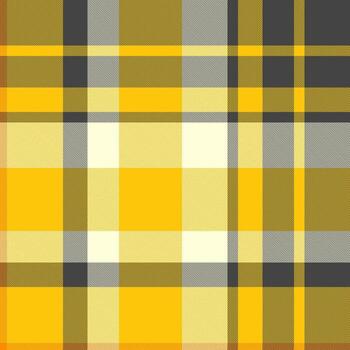 Vibrant plaid pattern with intersecting yellow, grey and cream lines, creating a classic and versatile textile design. Use for backgrounds, fashion or graphic projects. vector