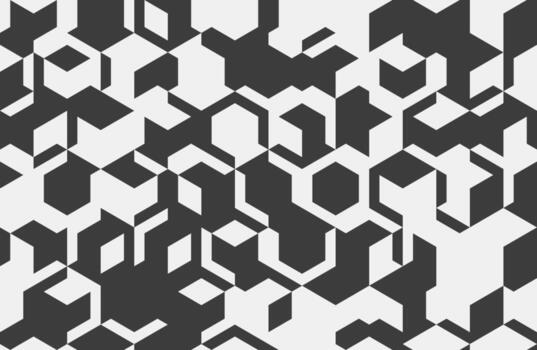 Abstract geometric grayscale pattern. Complex interlocking hexagons create a dynamic, modern design ideal for tech, architecture, or fashion backgrounds. vector