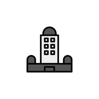 Stylized urban edifice depiction featuring a geometric structure with a dome and minimalistic vector