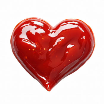 a forma di cuore ketchup spruzzo con lucido struttura e luminosa rosso colore, isolato su trasparente sfondo. png