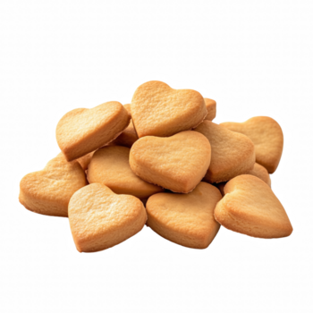 Pile of heart-shaped butter cookies with golden brown color, isolated on transparent background. png