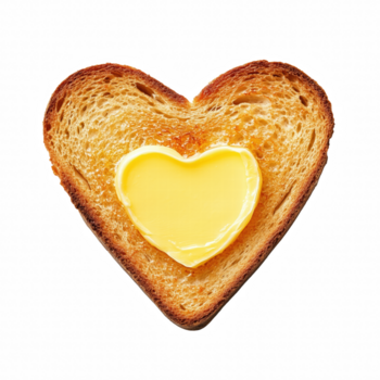 Heart shaped toast with melting butter in heart shape isolated on transparent background. png