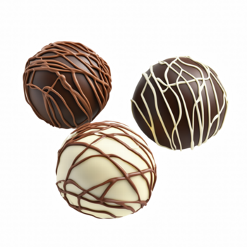 Three assorted chocolate truffles with decorative drizzled patterns isolated on transparent background. png