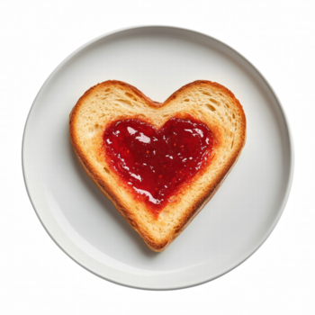 Heart-shaped toast with red strawberry jam on white plate isolated on transparent background. png